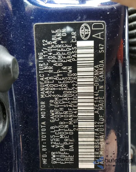 2013 Toyota Corolla Matrix S from USA, damaged, VIN 2T1LE4EE8DC022768